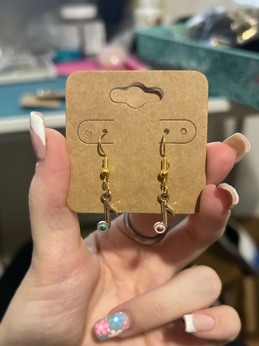Gold Tone Musical Note Earrings with Pink & Aqua Accents